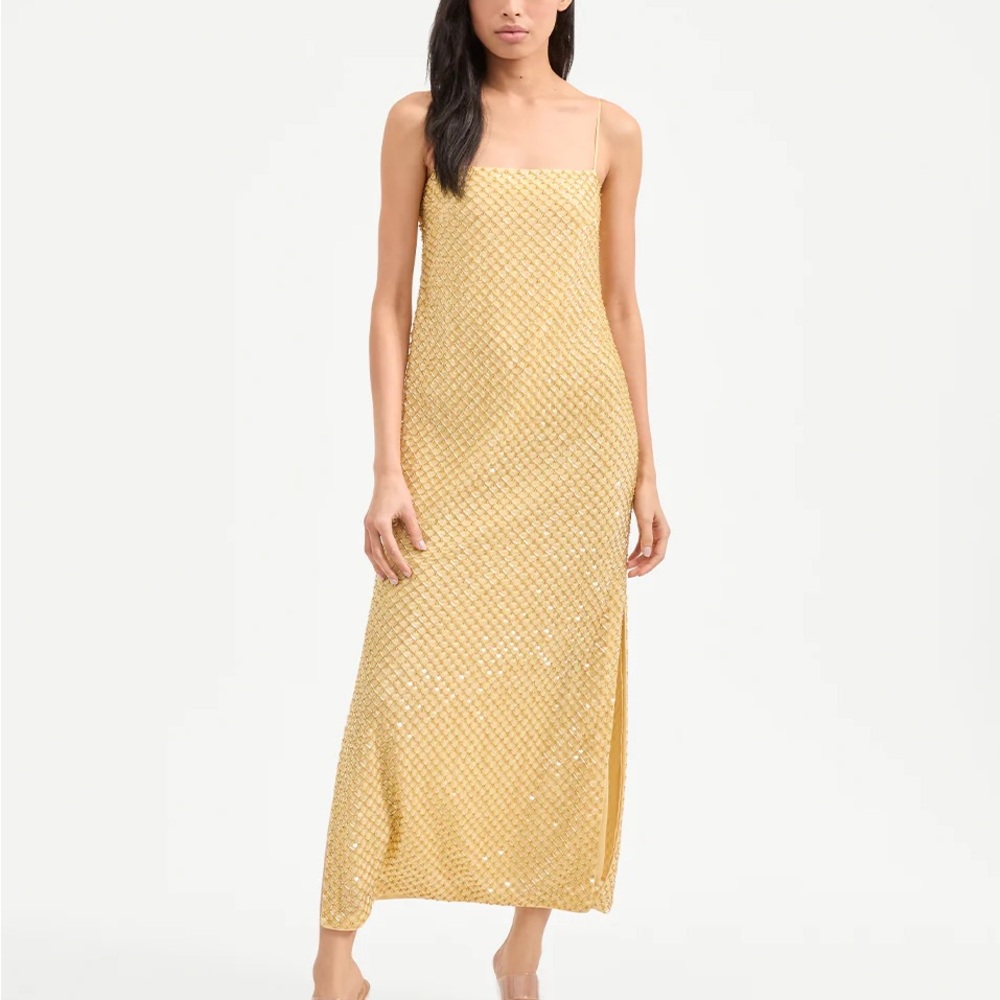 Veronica Beard Midi Dress petra beaded chamomile color.